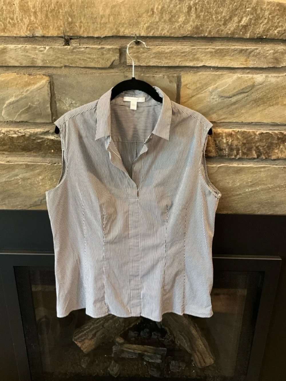 Boss Sleeveless Collared Blouse in Black and White Stripe - Picture 1 of 8